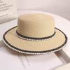 Retro pearl lace flat top straw hat women's summer outing seaside sun hat beach hat
