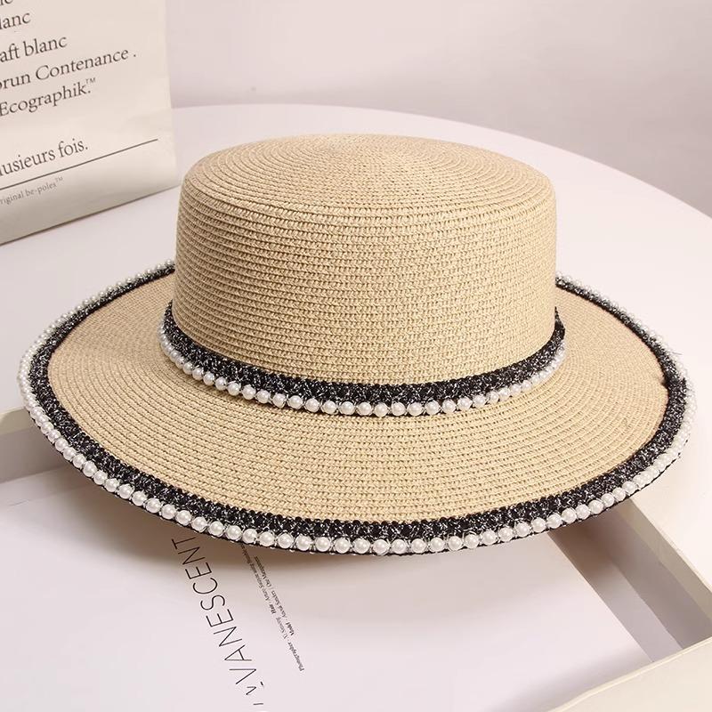 Retro pearl lace flat top straw hat women's summer outing seaside sun hat beach hat