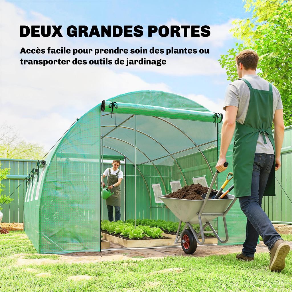 Tunnel Greenhouse, 12 M2, 295 X 400 X 200 Cm, 2 Doors, 8 Windows, PE Cover, Green