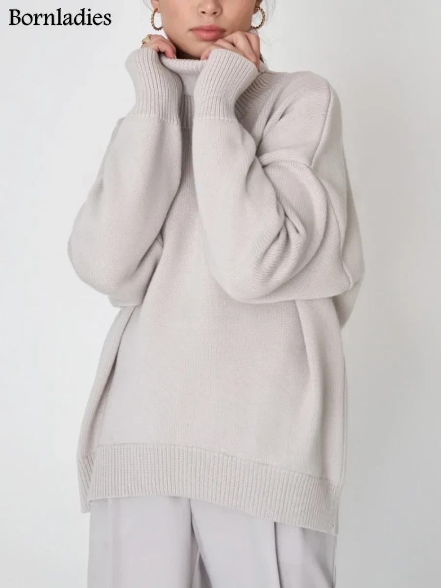 

Bornladies Женская водолазка свитер CHIC осень зима толстый теплый пуловер топ оверсайз повседневный свободный вязаный джемпер женский Pull M светло-серый