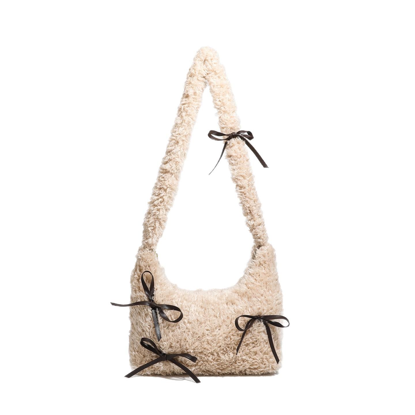 Korean niche design bow fluffy shoulder simple versatile cute fashion large capacity commuter shoulder bag хаки
