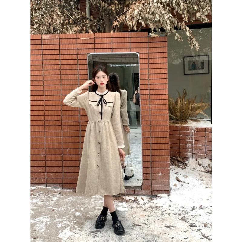 Spring Autumn New French Style Tight Waist Gentle Elegant Solid Color Long Sleeve Collar Lace-up Dress