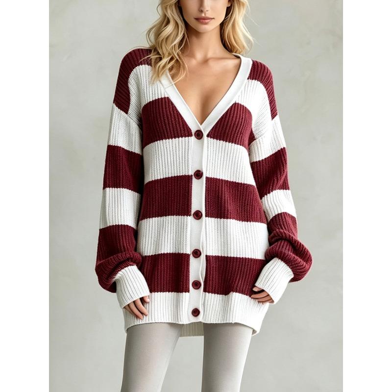 Women's clothing autumn and winter new lazy wind striped knitted sweater long-sleeved breasted cardigan sweater jacket