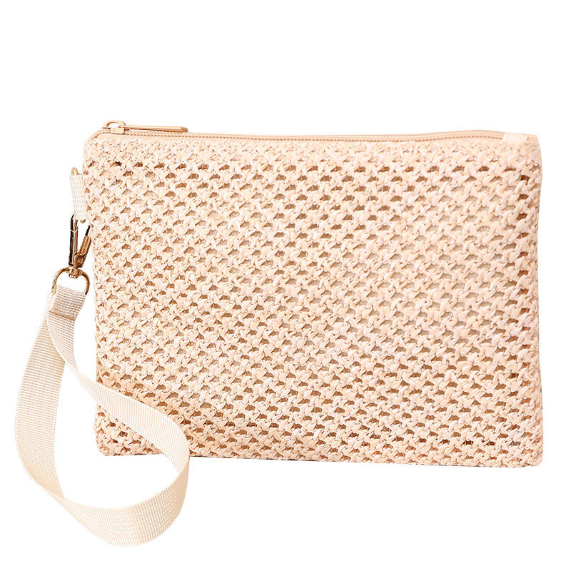 Fashion Straw Woven Bag For Women Hollow Out Beach Handbag With Wrist Strap Portable Phone Purse Solid Color Simple Cash Bag Summer Accessory