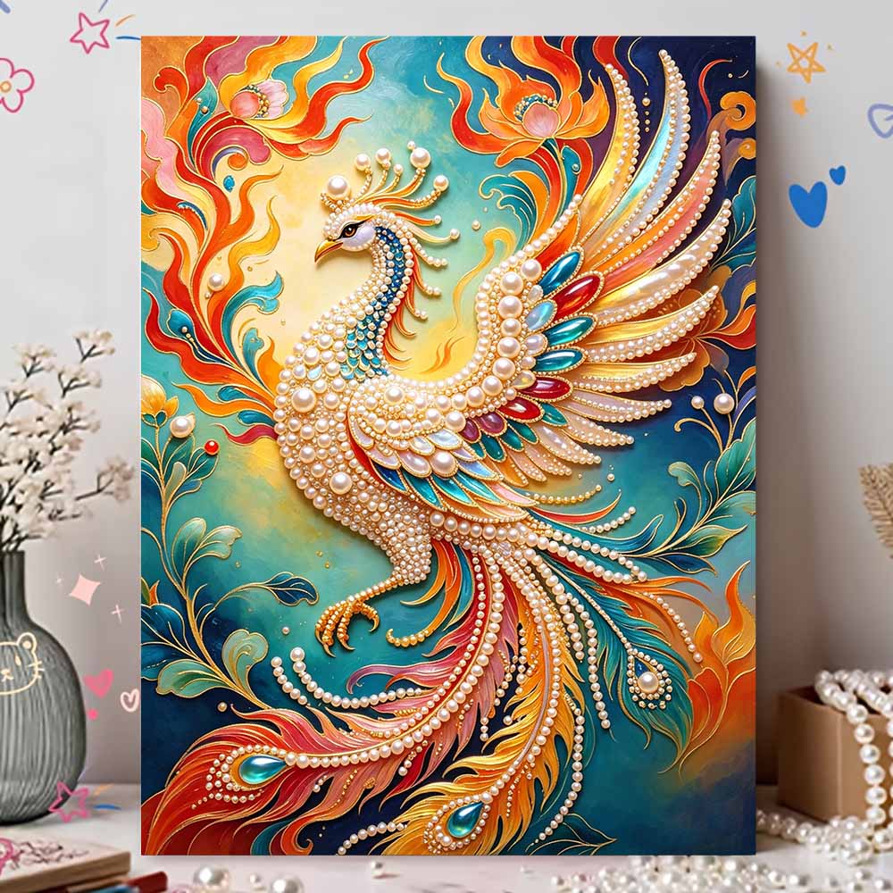 DIY Pearl Gem Colorful Phoenix Shining Bead Craft Art Home Wall Ornament Simple Unframed Room Decoration Art Modern Elegant Vibrant Wall Decor