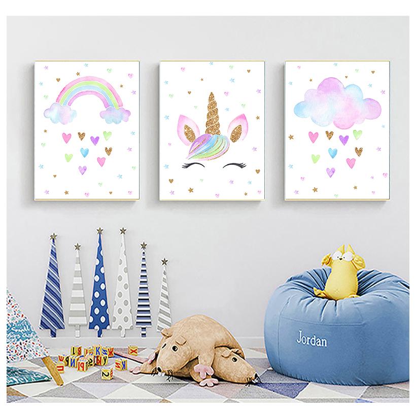 Rainbow Unicorn Wall Art Prints Baby Nursery Poster Cute Canvas Painting Nordic Decoration Picture Children Kids Bedroom Decor