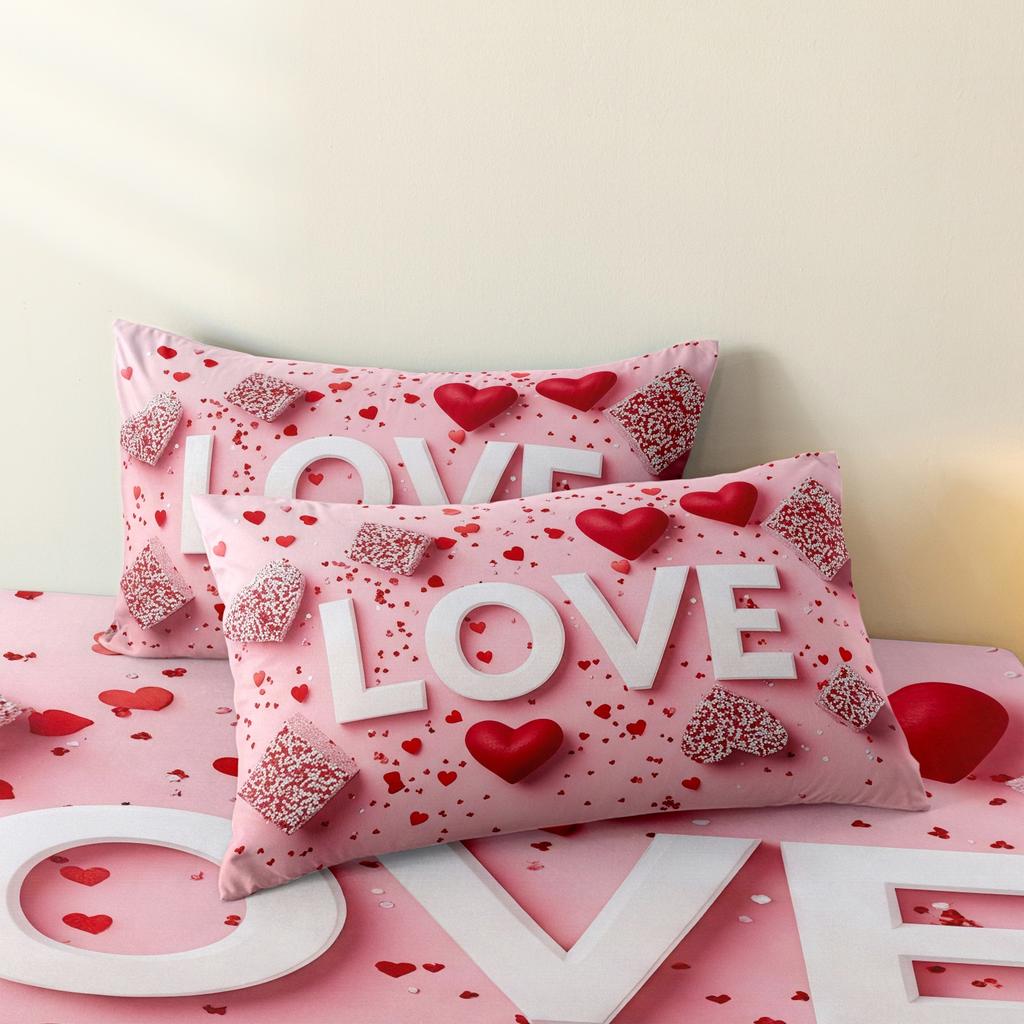 3pcs Valentine's Love Rose Day Applicable Love Letter Pattern Fitted Sheet Set, Bedding Set, Soft and Comfortable Fitted Sheet