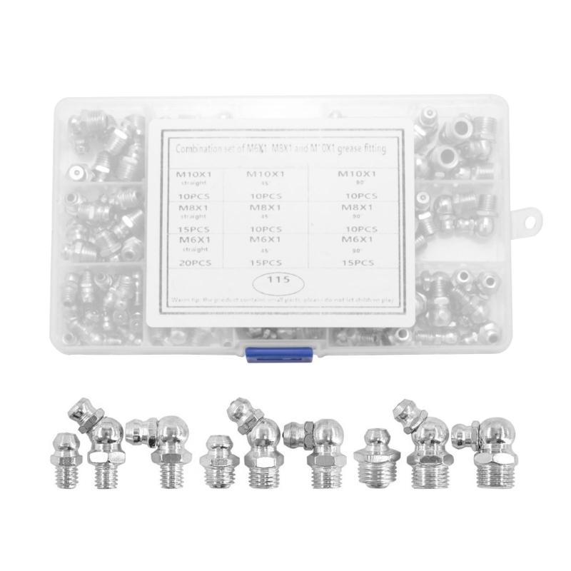 

115Pcs Metal Zerk Grease Nipple Fitting Assortment Straight 45 90 Degree Angle Metric Hydraulic Grease Fitting 1