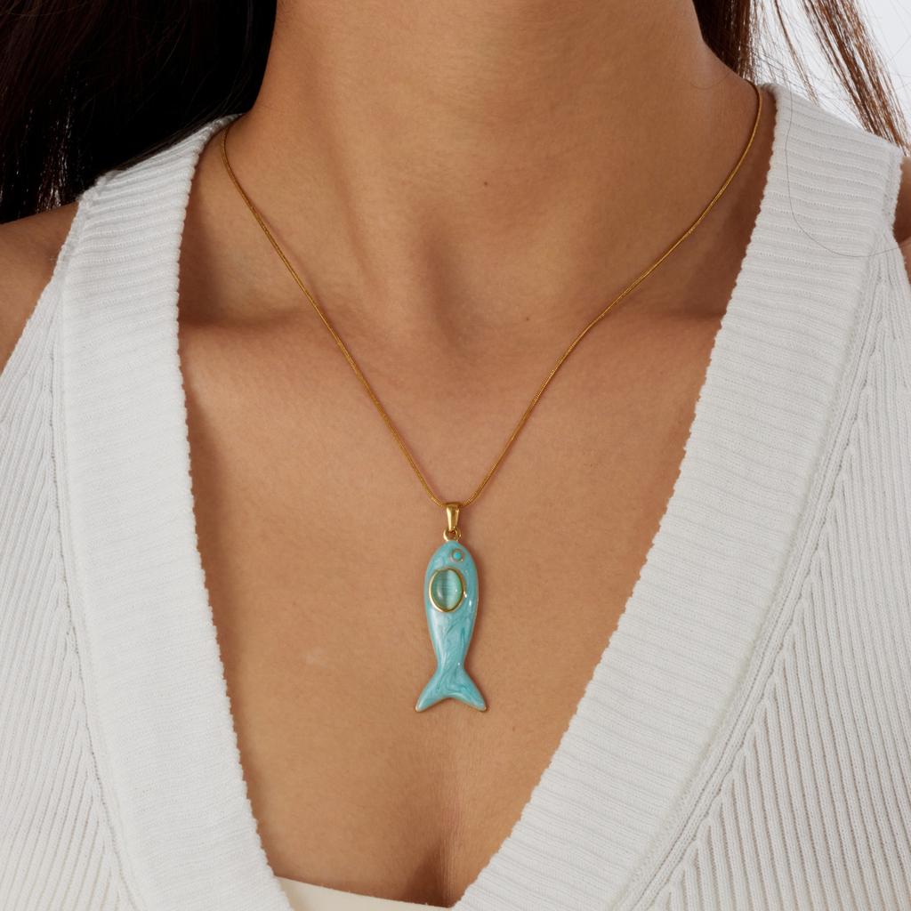Edelstahl Blau Glasiert Emaille Fisch Anhänger Halskette Für Damen Lady Ozean Strand Mode Neues Schmuck Accessoire Party Geschenk