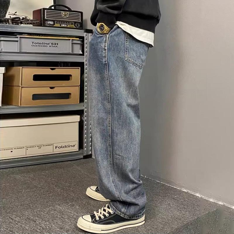 Męskie luźne jeansy z szerokimi nogawkami, na sznurku, vintage, spierane, codzienne, dżinsowe spodnie na każdą porę roku, styl uliczny