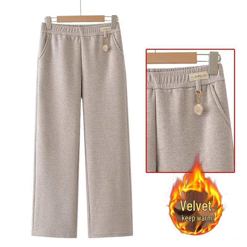 Middle-aged Women's High Waist Velvet-Lined Straight-Leg Warm Wool Pants