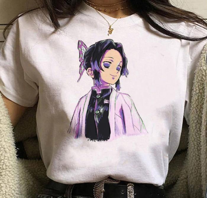 Kawaii Casual Anime Demon Slayer Kimetsu No Yaiba Graphics Female T-Shirt Summer Loose Blouse White Tees O-Neck Women Goth Tops