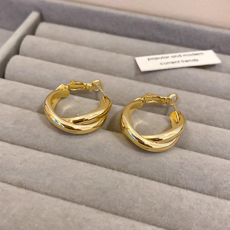 K real gold electroplated silver needle round double-layer stud earrings casual fashion commuting versatile earrings light luxury niche earrings