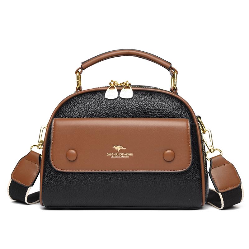 Women's PU leather top handle crossbody bag with multiple pockets, stylish contrasting color matching, and simple shoulder bag