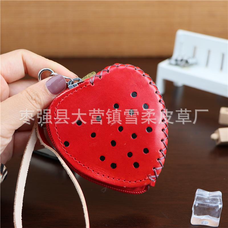 First Layer Cowhide Handmade Strawberry Change Bag Car Key Storage Handbag Cute Creative Trendy Handbag