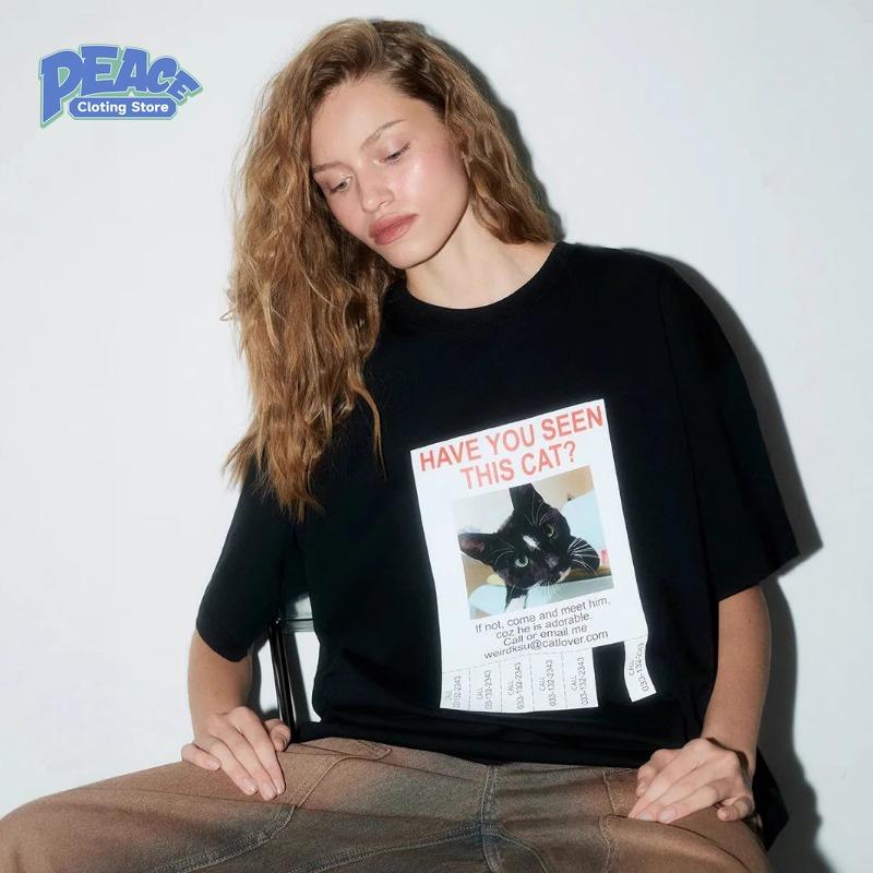 Cute Black Cat Printed T-shirt for Women Summer 100% Cotton T-shirt Fashion Trend Casua Retro Black Short Sleeved Shirt 90s Top