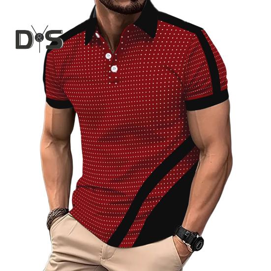 Men's Lapel T-Shirt Slim Fit Polka Dot Polyester Tee Shirt Color Block Summer Casual Short Sleeve Top for Daily Wear Sports Street