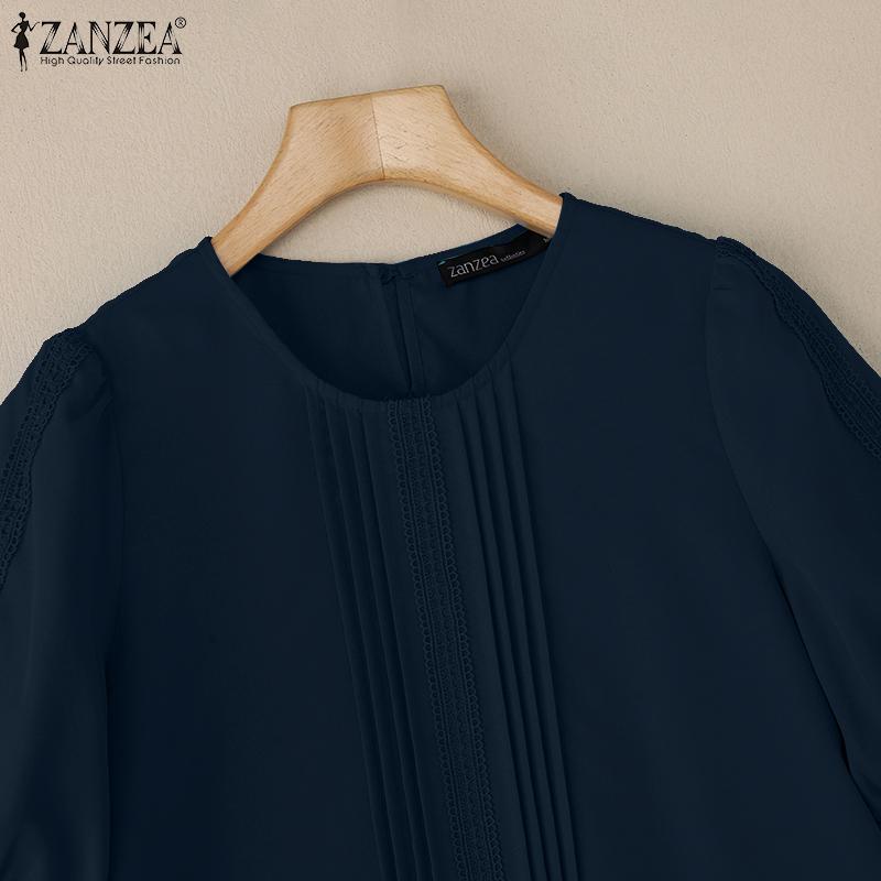 ZANZEA Damen Sommer Rundhals Kurzarm Freizeitbluse