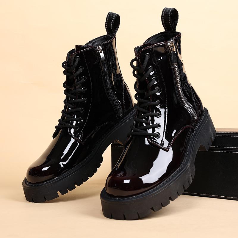 Fashion Men Fashion Stage Nightclub Patent Leather Boots Lace-up Platform Shoes Cowboy Spring Autumn Boot Cool High Motorcycle Botas Man