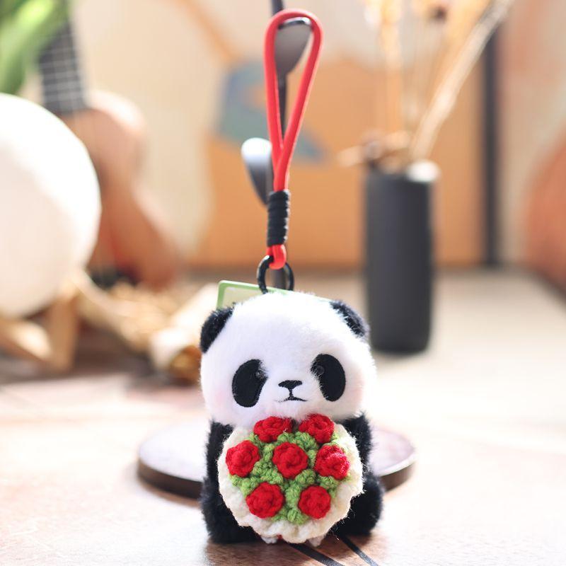 Panda Holding Flowers Plush Keychain Cute Animal Bag Charm For Kids And Teens