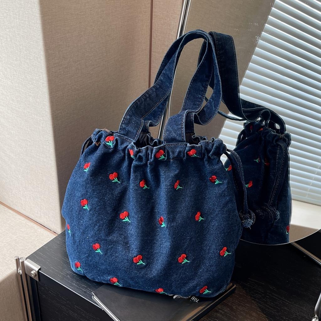 Fashion Denim Tote Bag for Women with Cherry Print Casual Messenger Handbag with Drawstring Closure and Polyester Lining Large Capacity Shoulder Bag