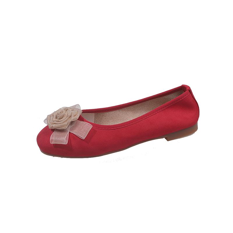 Fashion Flat Single Shoes Women Fashion Square Head Shallow Mouth Fabric Flower Soft Sole Anti-slip Wear-resistant Low-top Shoes