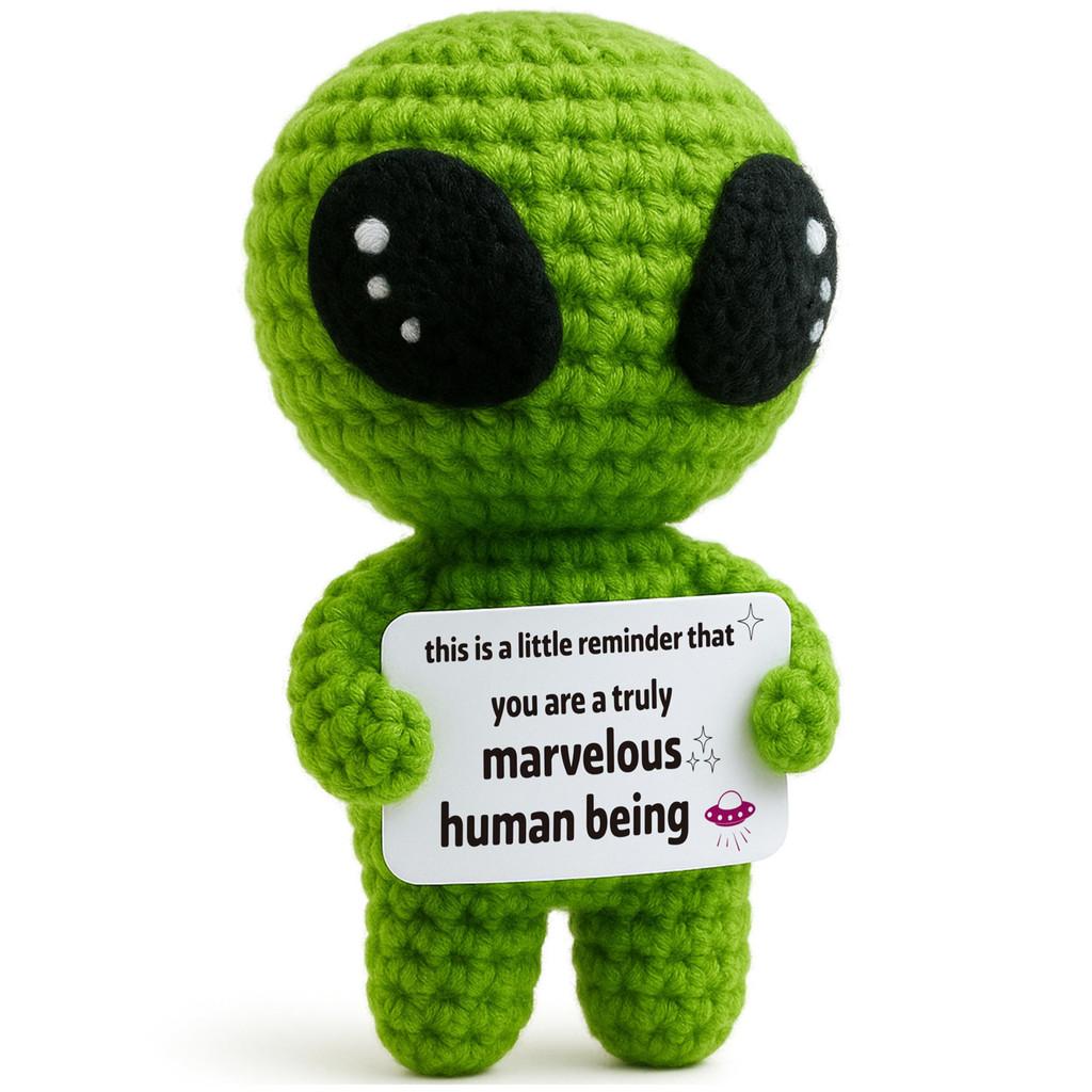 Grünes Alien Positives Häkeltier Puppe Mit Karte Schreibtischschmuck Emotionale Unterstützung Handgefertigt Gestrickt Aufmunterungsspielzeug