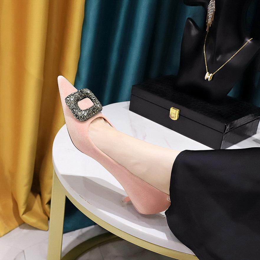 237-K83 Banquet European and American Style Women's Shoes, Thin Heel, Medium Heel, Shallow Mouth, Pointed Head, Thickened Suede Metal Rhinestone Buc