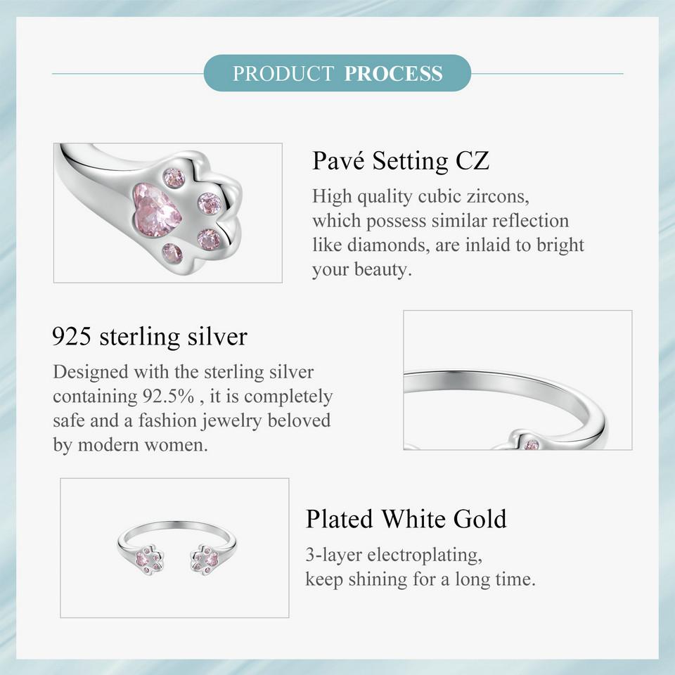 BAMOER 925 Sterling Silber Rosa Pfotenring 925 Sterling Silber+Pavé Fassung CZ+plattiertes Weißgold Für Damen Edler Schmuck