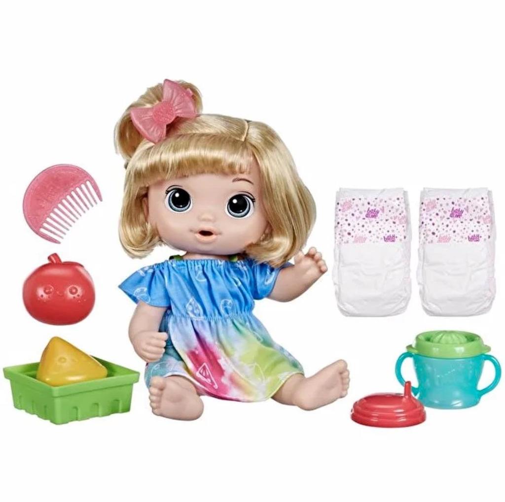 Hasbro Baby Alive Ages Doll Blonde Authentic Juice-Loving Baby, 3+, 12-inch (30 Cm) Set, Bottle, Diaper, Juicer, Hair, F7356,