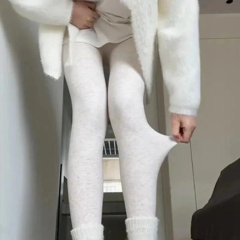Winter Warm Thermal Fleece Lined Oat Grey Pantyhoses Comfort Japanese Ribbed Cotton Tight Velvet Plush Soft Non Pilling Leggings