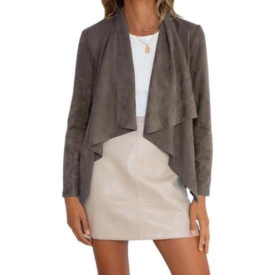 

Весняно-осінь жіноча куртка відкритого полотна з нерегулярними рюшами, імітація оленячої шкіри, однотонна 2XL хакі