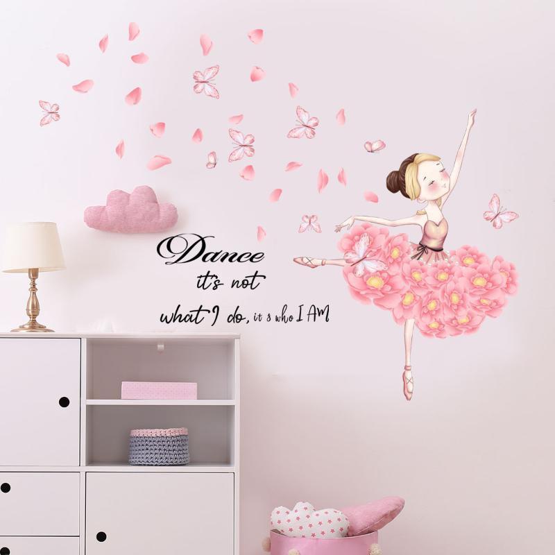 Dancing Girl Pink Butterfly Wall Sticker Living Room Decoration Wall Sticker Self Adhesive Wall Sticker