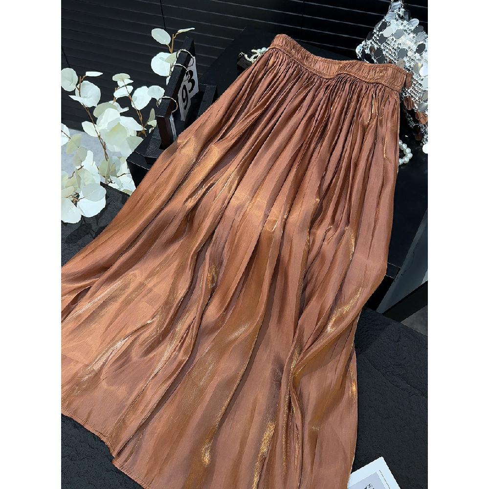 Retro Style Fashionable Pleated Drooping Slimming High Waist A- Line Skirt High-Grade Glossy Pearlescent Chiffon Pleated Skirt