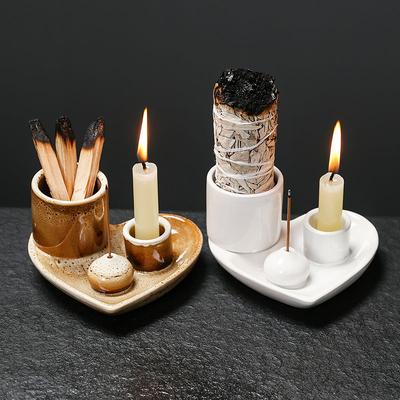 5-in-1 Ceramic Incense & Candle Holder with Ash Catcher Tray Perfect for Sage Burning Smudge Meditation, and Yoga Incense Holder