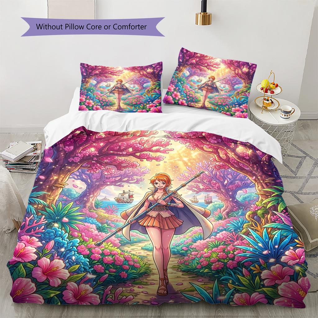 One Piece Luffy Pattern Bedding Quilt Set Quilt Cover Pillowcase Home Decoration Birthday Gift (1 * Duvet Cover + 2 * Pillowcase, Without Core)