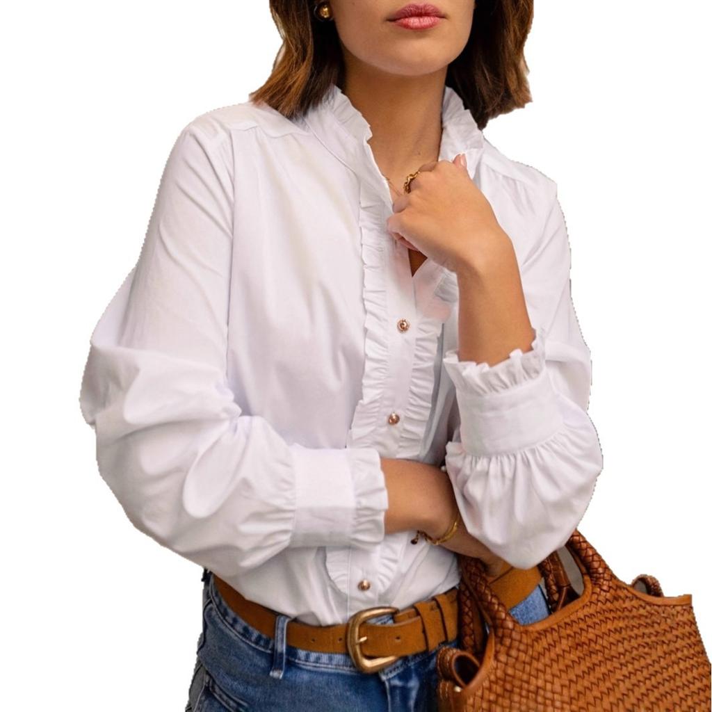 European and American white spring and autumn 1116 new women's clothing fungus edge shirt sleeve stand-up collar shirt casual vacation shirt