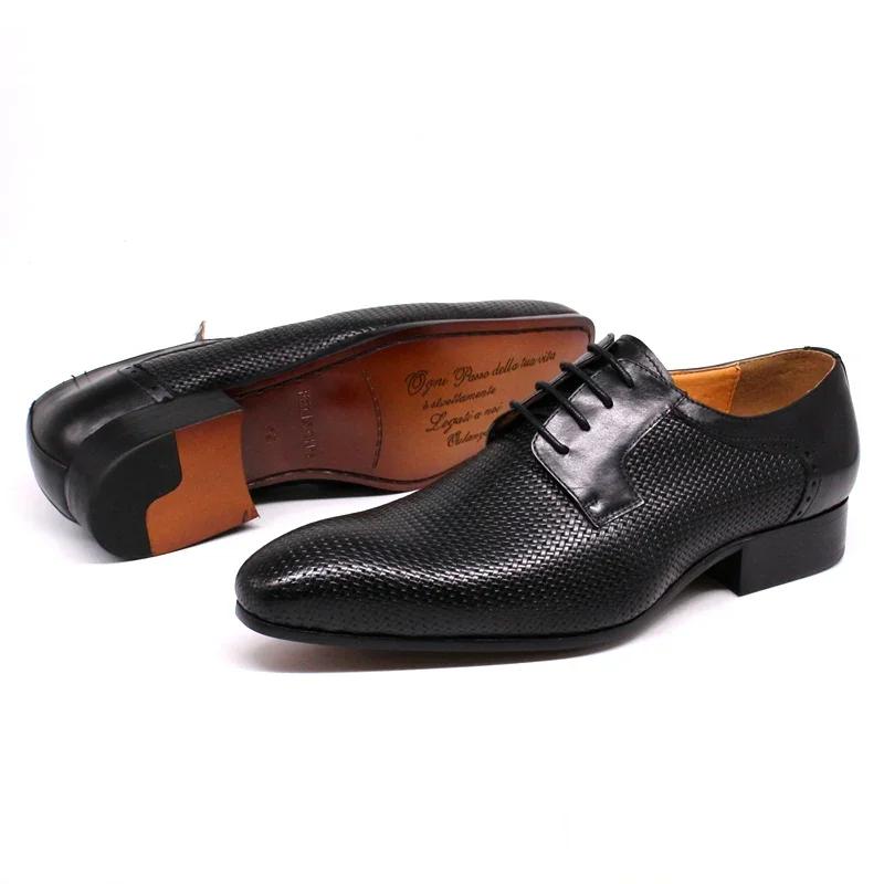 Fashion Italian Men's Genuine Leather Dress Shoes Lace-Up Business Formal Oxford Derby Shoes Net Print Office Suit Footwear
