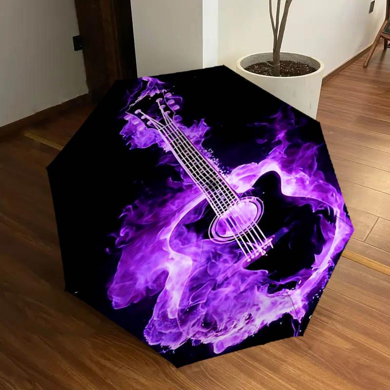 Purple Flame Guitar with Automatic Opening Folding Design, Portable 3-Fold Iron Frame Outdoor Umbrella - Perfect Gift for Fans, Travelers, D