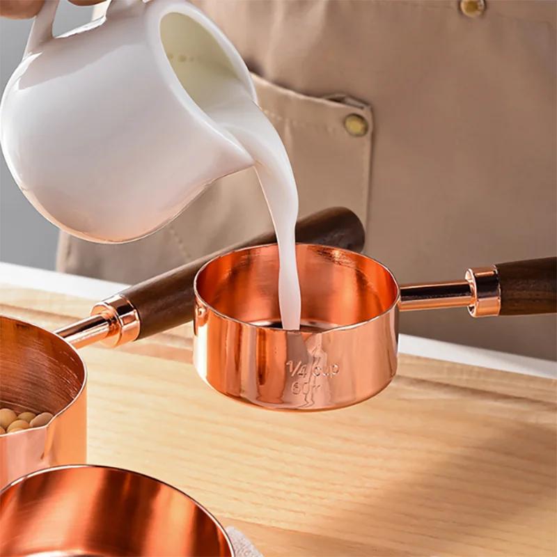 4/8Pcs Measuring Cups Spoons Wooden Handle Stainless Steel Baking Tools Coffee Measuring Spoon Set Bartending Scale Accessories