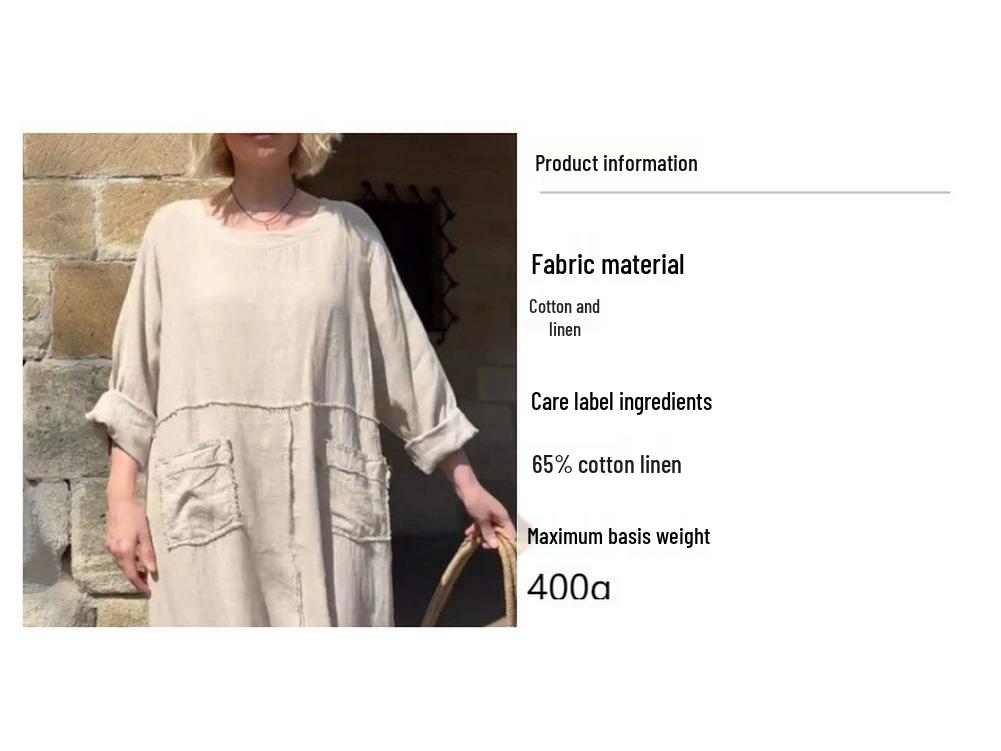 Women's Casual Loose-Fit Pleated Dress - Cotton & Linen, Round Neck, Long Sleeve, Double Pocket, European & American Style.