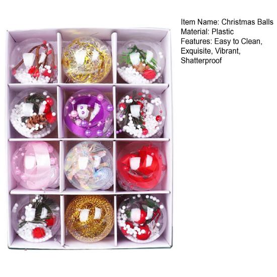 12 Pcs Clear Christmas Ball Ornaments 2.36" Shatterproof Plastic Hanging Xmas Tree Baubles Set with Stuffed Decorations for Holiday Party Home Decor