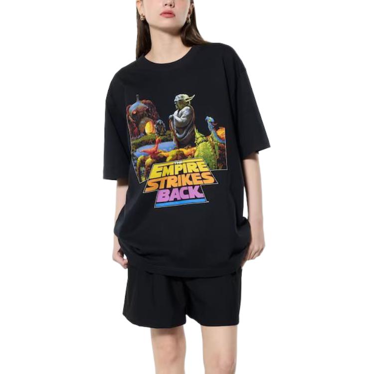 Uniqlo × Star Wars Collaboration SS24 Cartoon Letter Print Casual Crew Neck Short Sleeve T-Shirt Unisex Tops Black 473126-09