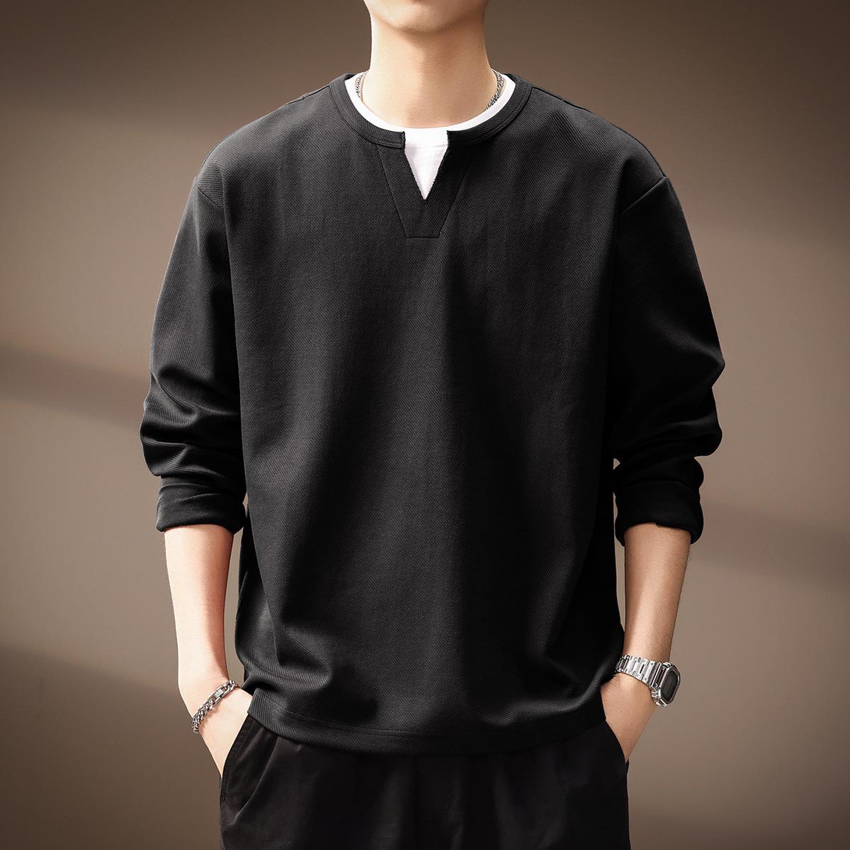 

Men s Retro Japanese V-neck Hoodie: Two-Piece Look, Casual Autumn Long Sleeve Tee 4XL for 100-110 kg чорний