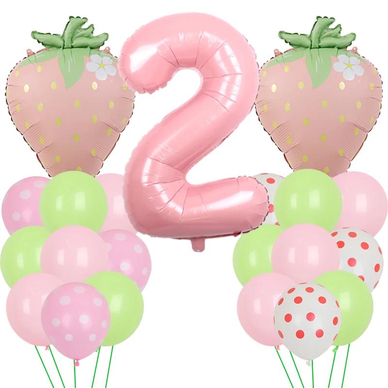 Fruit Strawberry Flower Foil Balloons with 40inch Pink Number Balloon Berry First Birthday Girl Sweet Summer Party Supplies