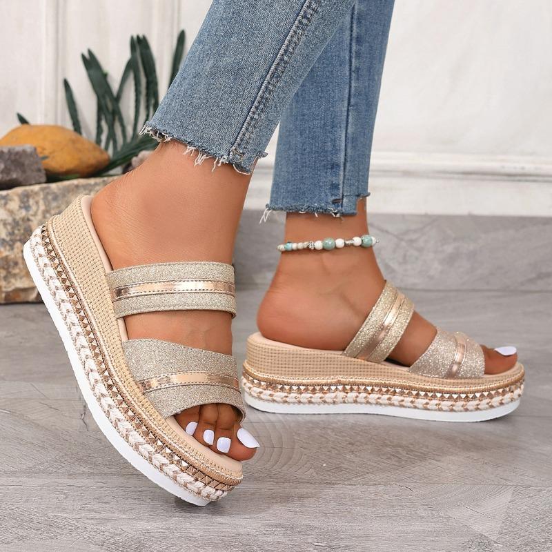 Summer new large size one-character muffin wedge sandals women's fashion thick-soled glossy women's cool slippers