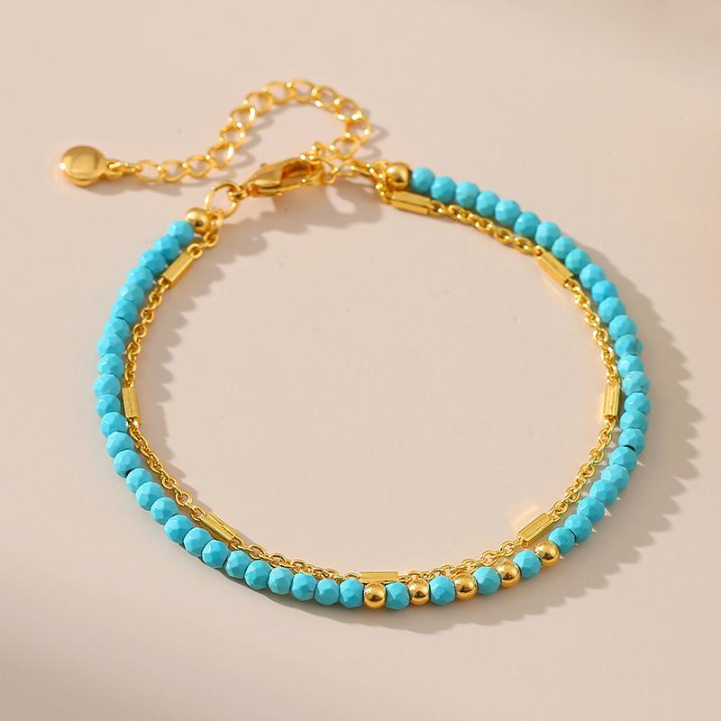 Gold Plated Double Layer Faceted Turquoise Bead Bracelet With Extension Chain 18K зелёный