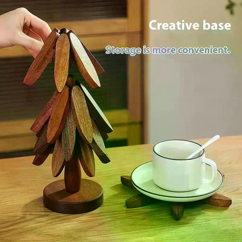 Tree Design Stand Wooden Christmas Tree Shape Decorative Anti Scald Heat Resistant Table Ornament Mat Coaster
