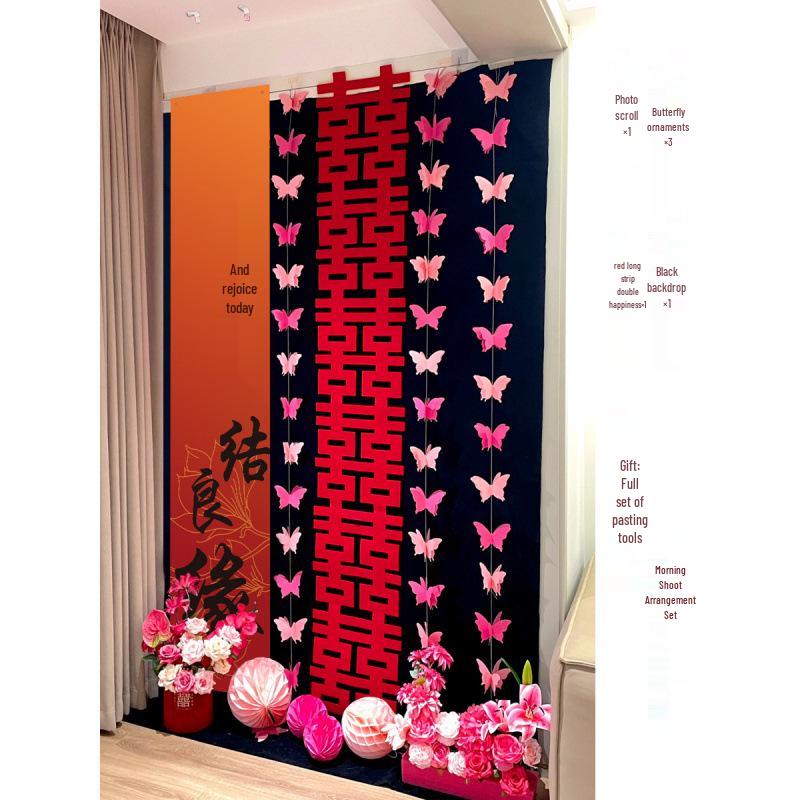 3D Butterfly Wedding Room Decoration Set: Double Happiness Curtains and Pull Flower Ornaments
