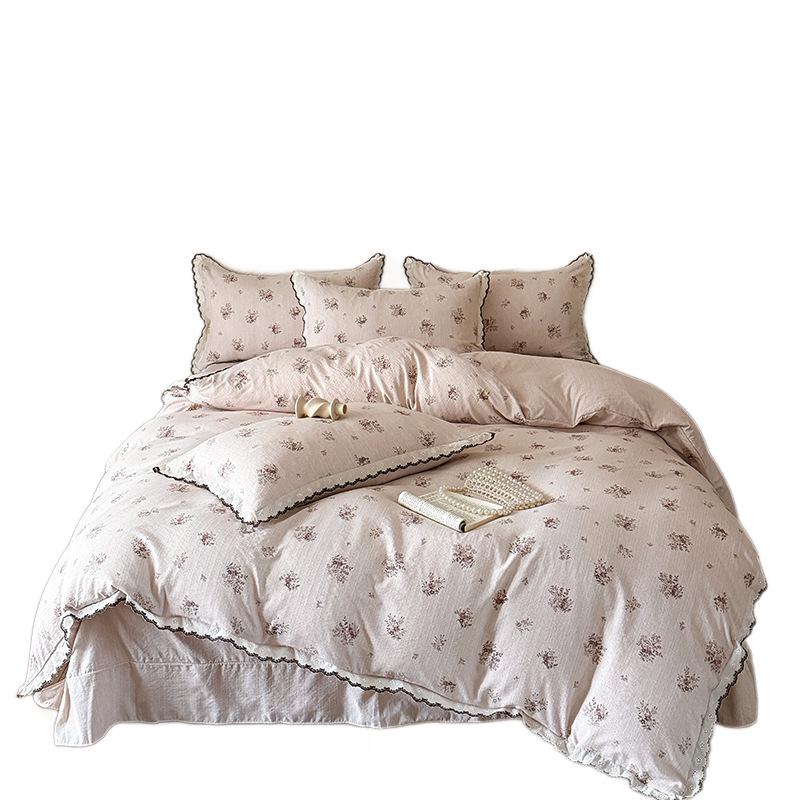 French Retro Jacquard Linen Bedding Set with Cotton Lace Trim - Luxury Princess Style